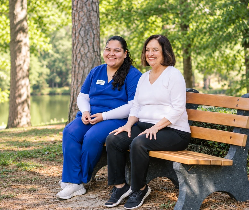 A DayBreak caregiver sitting with a client on a park bench